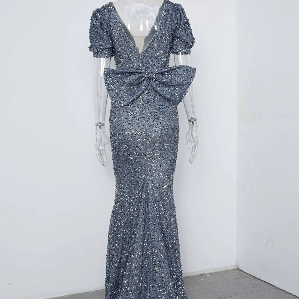 Dusty Blue, Puff Sleeve,  Big Bow, Contrast Sequined and Mesh Mermaid Gown - Picture 14 of 14